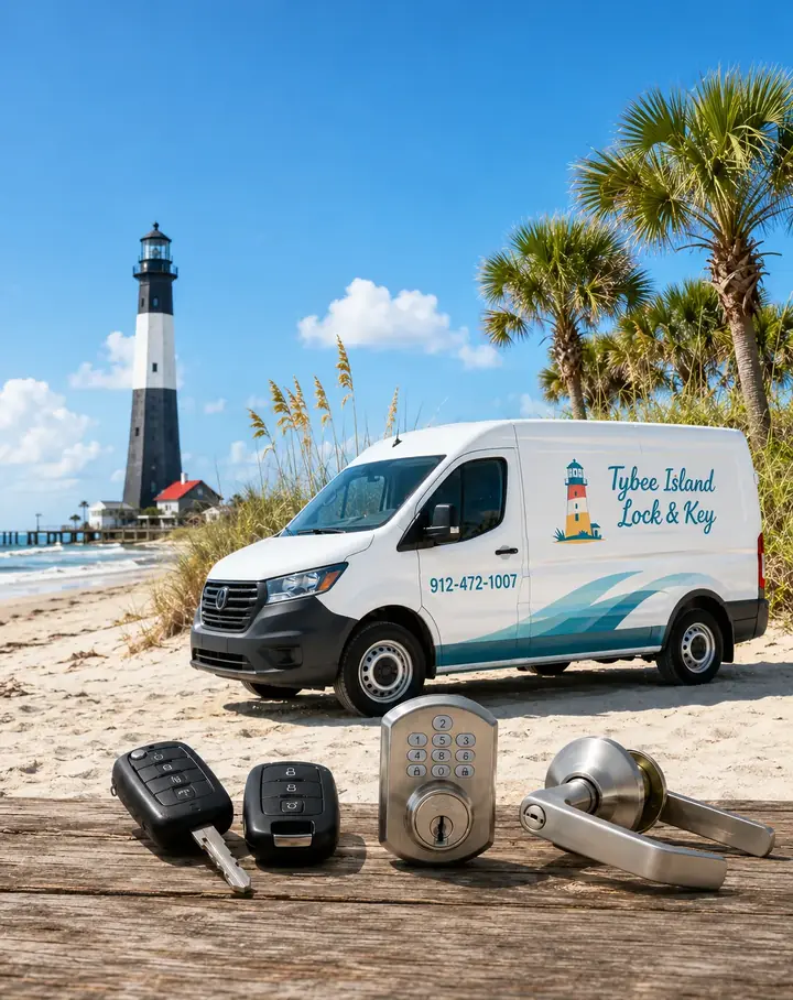 Tybee Island Lock & Key mobile locksmith van on the beach near the lighthouse with car keys, a smart deadbolt, and a door handle